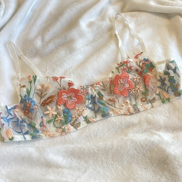 Anthropologie Floral Embroidered Underwire Bra Large Ivory - Picture 5 of 13
